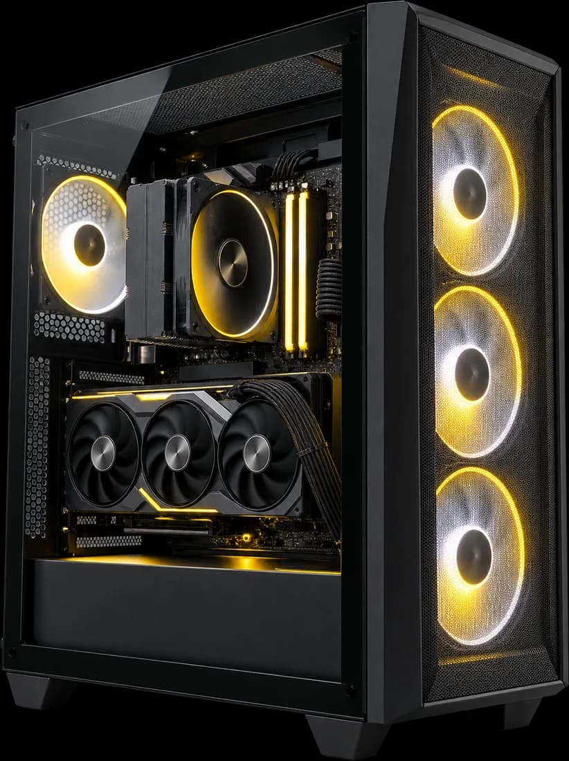 Tour PC gaming vitree, eclairage jaune