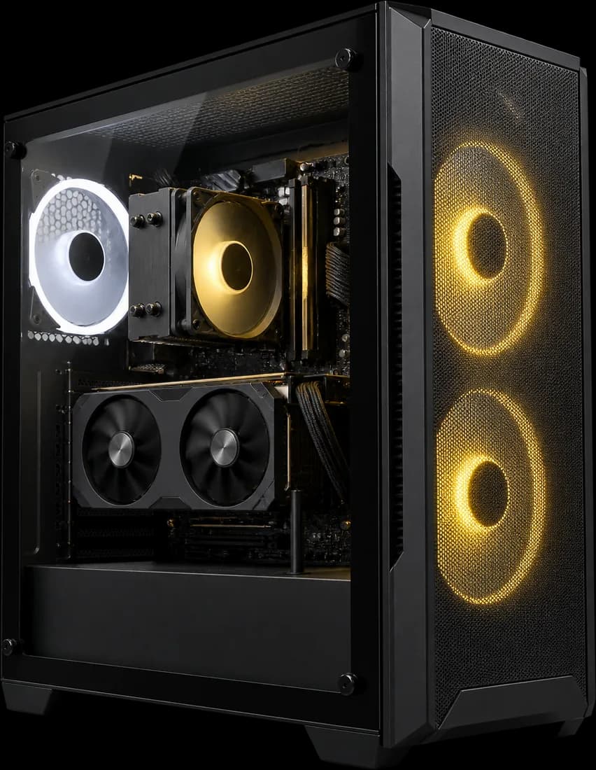 Tour PC gaming vitree, eclairage jaune